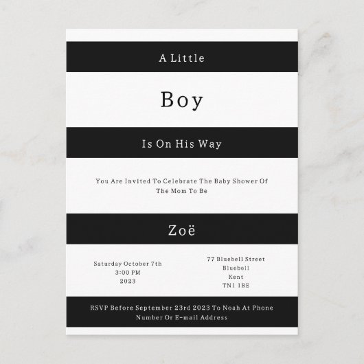 Linear Chic Black And White Stripes Baby Invite Br ポストカード (正面)