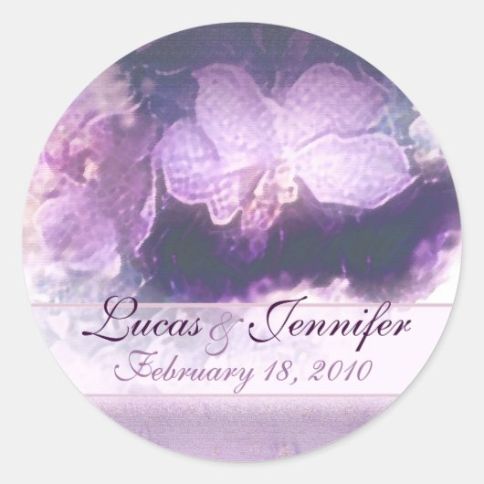 linenの紫色の蘭の日付を保存 ラウンドシール (正面)