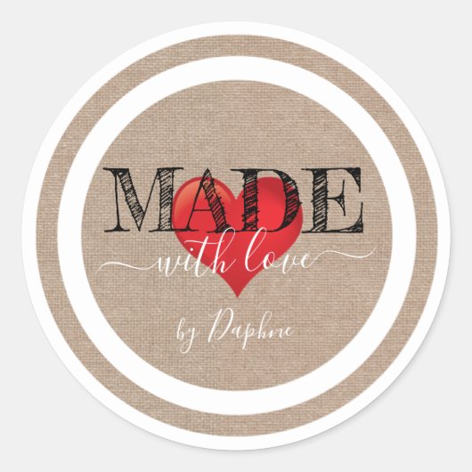 Linenテクスチャ上のラブスクリプト赤いハートで作られる ラウンドシール (正面)