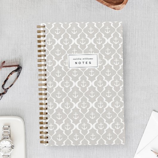Linen Beige Nautical Anchor Ogee Personalized ノートブック