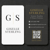 Linen Black White Gold Monogram QR Code 名刺