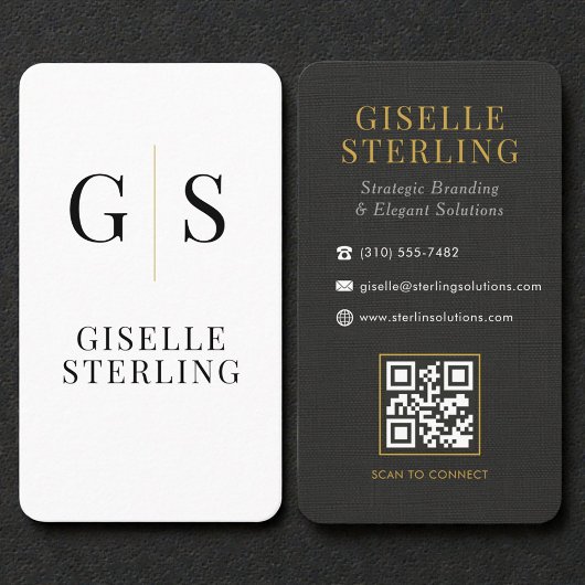 Linen Black White Gold Monogram QR Code 名刺