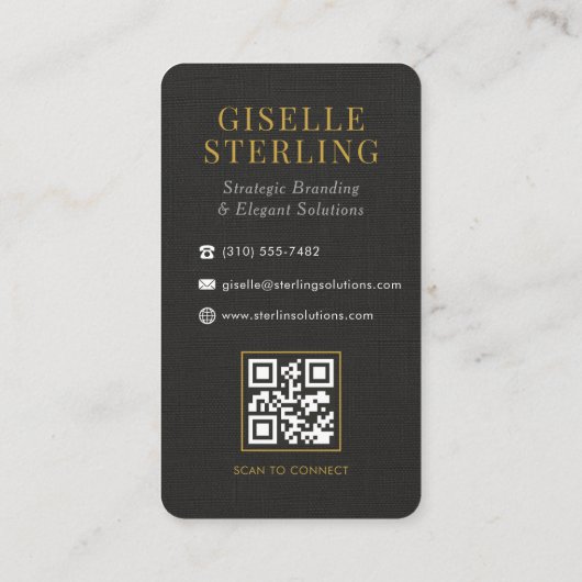Linen Black White Gold Monogram QR Code 名刺 (裏面)