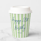 Linen Look Striped Celebration Birthday 18th Green 紙コップ (正面)