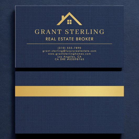 Linen Navy Blue Gold House Real Estate Broker  名刺