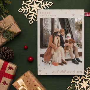 Linen Rose Gold Foil Stars Happy Holidays Photo 箔シーズンカード