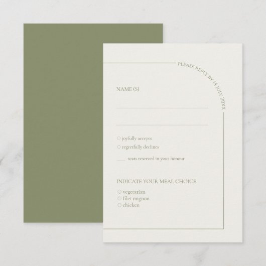 Linen & Sage Green Arch Minimalist w Meal Choice 出欠カード (正面/裏面)