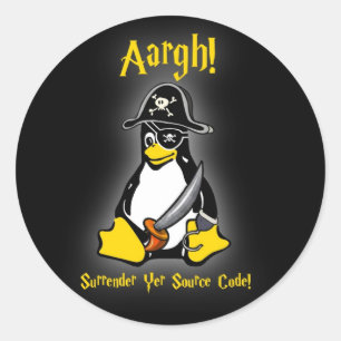 Linuxのタキシードのペンギンの海賊ステッカーの黒Ubuntu、等 ラウンドシール