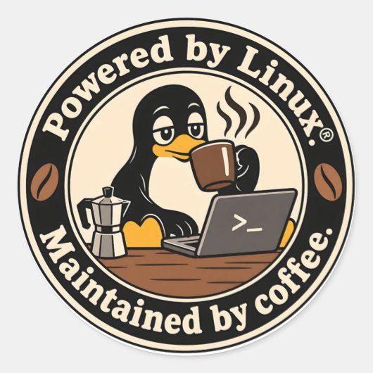 Linux ペンギン タックスとコーヒー ラウンドシール (正面)