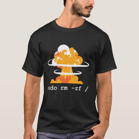 Linux - Linuxコマンおもしろいドsudo RM RF 男性へ Tシャツ (正面)