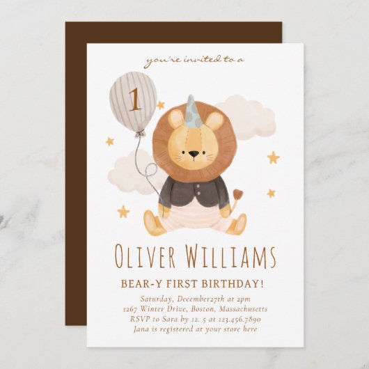 lion 1st birthday blue balloon 招待状 (正面/裏面)