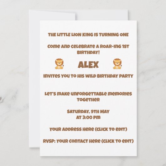 Lion 1st Birthday Invitation Editable 招待状 (裏面)
