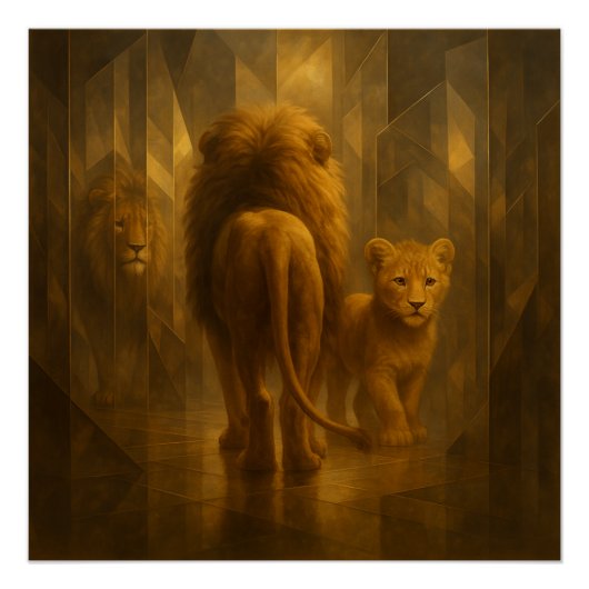 Lion and Cub in a Golden Mirror Maze – GeoWild Art ポスター (正面)