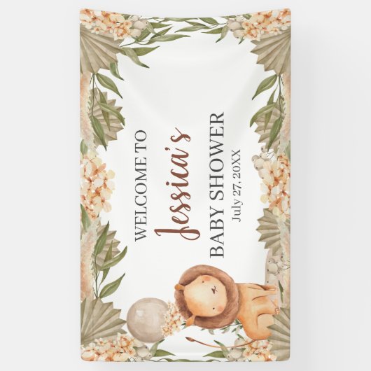 Lion Boho pampas Grass baby shower Welcome banner 横断幕 (縦)
