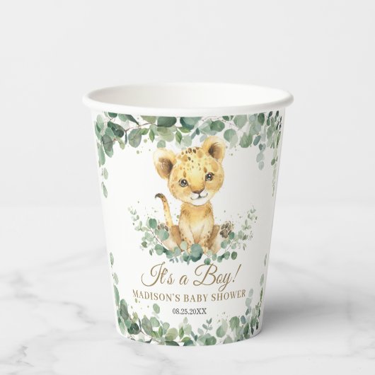 Lion Cub Greenery Boy Gender Neutral Baby Shower 紙コップ (裏面)