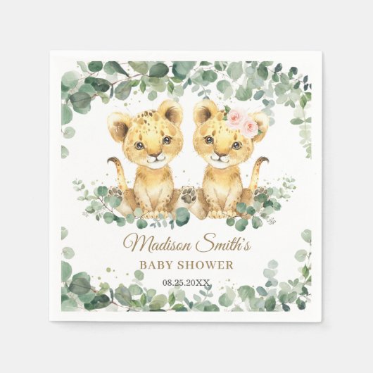 Lion Cubs Greenery Twin Boy Girl Baby Shower  スタンダードカクテルナプキン (正面)