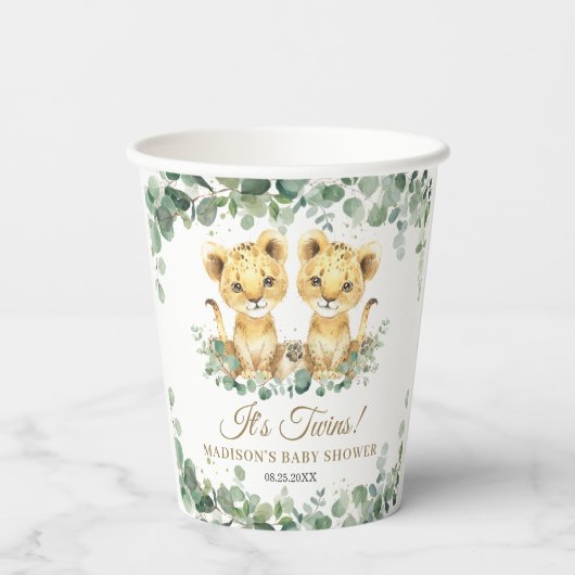 Lion Cubs Greenery Twin Boys Baby Shower 紙コップ (裏面)