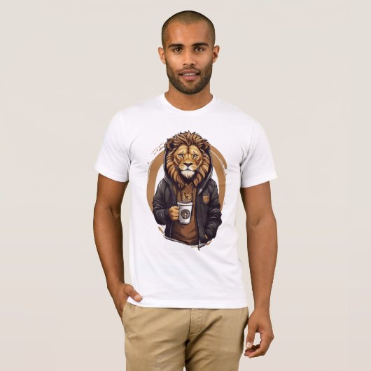 Lion Drinking Cofee design Tシャツ (正面フル)