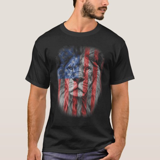 Lion Head Graphic American Patriotic Lion USA Flag Tシャツ (正面)