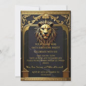 Lion Head King Marble Black Gold Birthday Party 招待状 (裏面)