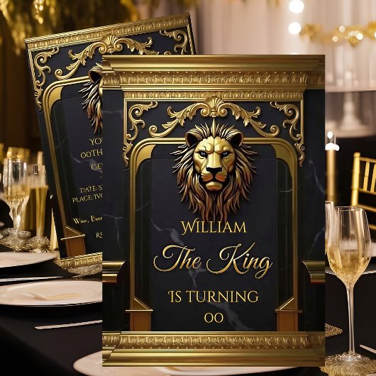 Lion Head King Marble Black Gold Birthday Party 招待状