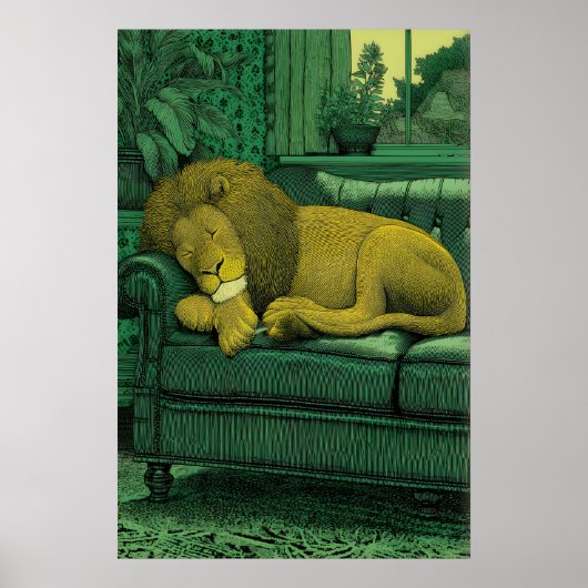 Lion Illustration Print Serene Indoor Setting ポスター (正面)
