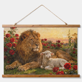 Lion & Lamb in the Roses 吊り下げ型タペストリー