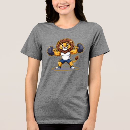 Lion Lifting Light Weights – Cute Gym Animal Illus トライブレンドＴシャツ (正面)