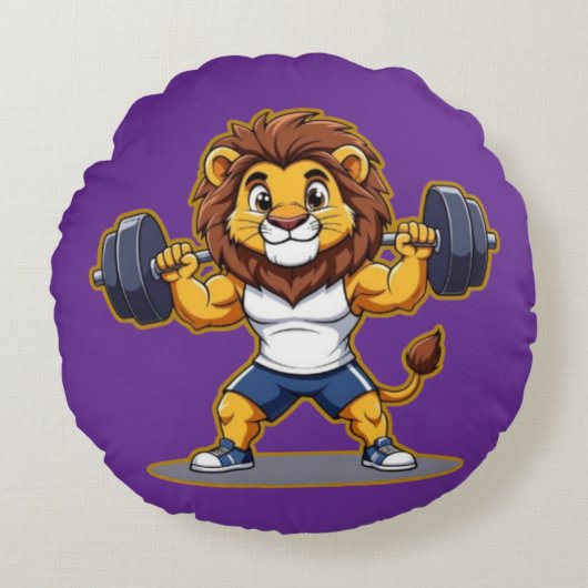 Lion Lifting Light Weights – Cute Gym Animal Illus ラウンドクッション (正面)