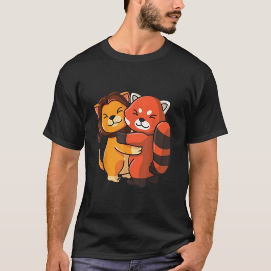 Lion Red Panda Hugging Kawaii Animal Tシャツ (正面)