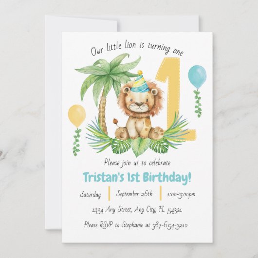 Lion Safari 1st Birthday Invitation 招待状 (正面)