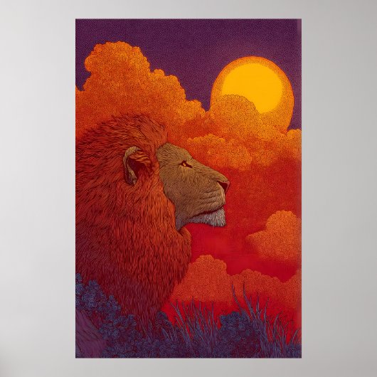 Lion Sunset Wall Art Fiery Mane, Circular Sun ポスター (正面)