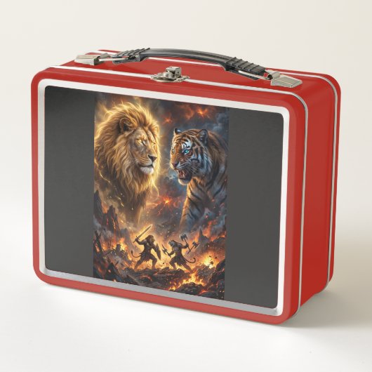 Lion vs Tiger Epic Fantasy Battle Wall Hanging Tap メタルランチボックス (正面)