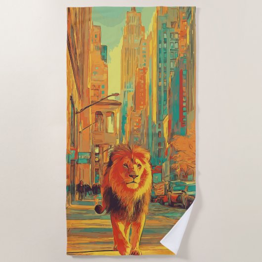 Lion Walking Through City Street Art ビーチタオル (正面)