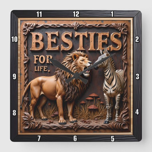 Lion Zebra Close Up Friends スクエア壁時計 (正面)