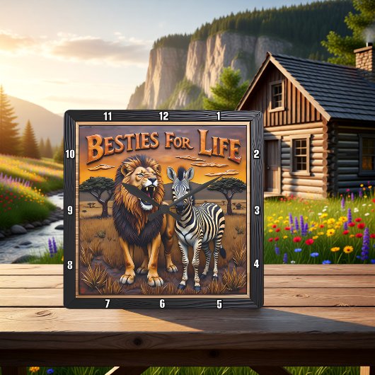 Lion Zebra Savanna Besties スクエア壁時計