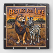 Lion Zebra Savanna Besties スクエア壁時計 (正面)