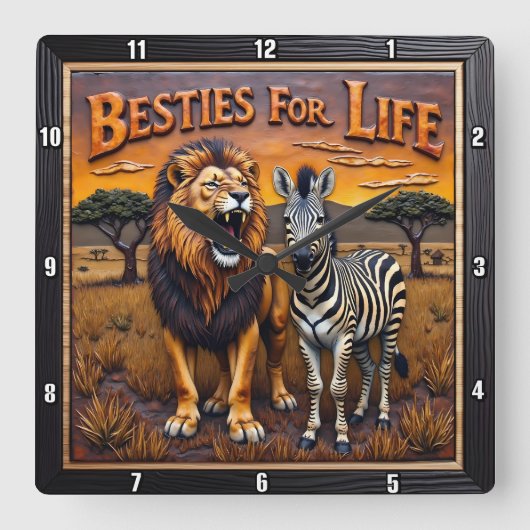 Lion Zebra Savanna Besties スクエア壁時計 (正面)