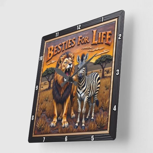 Lion Zebra Savanna Besties スクエア壁時計 (傾斜)