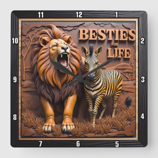 Lion Zebra Savanna Friendship スクエア壁時計 (正面)