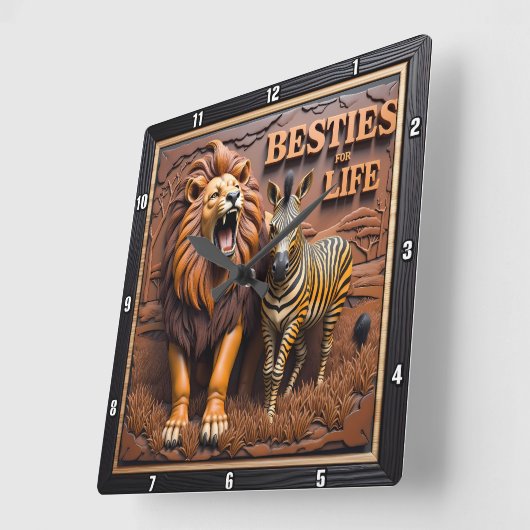 Lion Zebra Savanna Friendship スクエア壁時計 (傾斜)