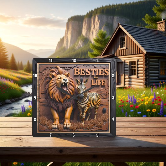 Lion Zebra Savanna Friendship スクエア壁時計