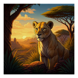 Lioness among a wilderness setting ポスター