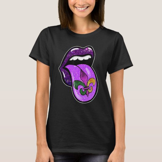 Lips Mardi Gras Carnival Purple Fleur De Lis Women Tシャツ (正面)