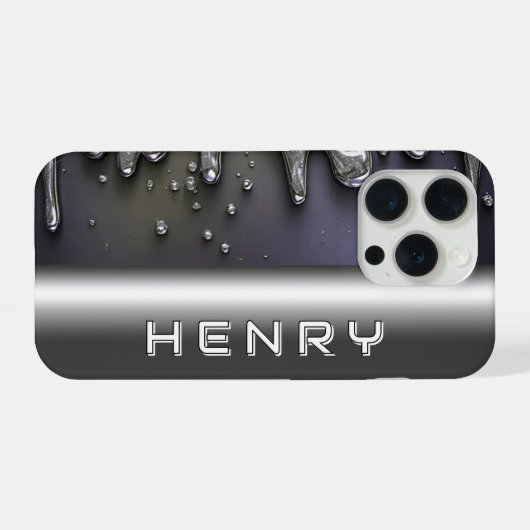 💿 Liquid Metal Flow Name Glow Over Silver Chrome iPhoneケース (裏面横)
