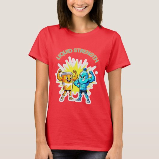Liquid Strength – 面白いジュースと水の筋肉デザイン Tシャツ (正面)