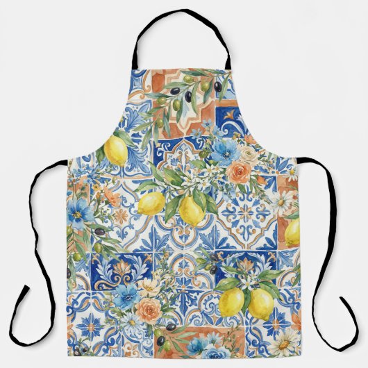 Lisbon Blue Lemon Tile Citrus Kitchen Decor エプロン (正面)