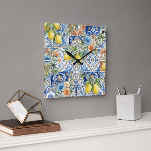 Lisbon Blue Lemon Tile Citrus Kitchen Decor スクエア壁時計 (オフィス)