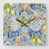 Lisbon Blue Lemon Tile Citrus Kitchen Decor スクエア壁時計 (正面)