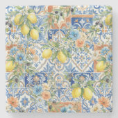 Lisbon Blue Lemon Tile Citrus Kitchen Decor ストーンコースター (正面)